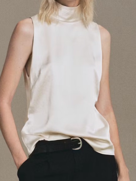 Mango Satin High-Neck Sleeveless Top In Ivory High Collar Satin Blouse 7804
